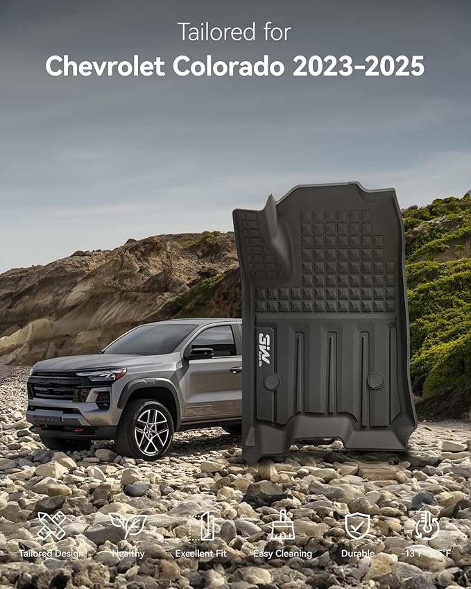 3W Floor Mats for Chevrolet Chevy Colorado/GMC Canyon Crew Cab 2023-2025 2026, All Weather TPE Custom Fit Floor Mats for Cars, 1st and 2nd Row Car Floor Mats, Black