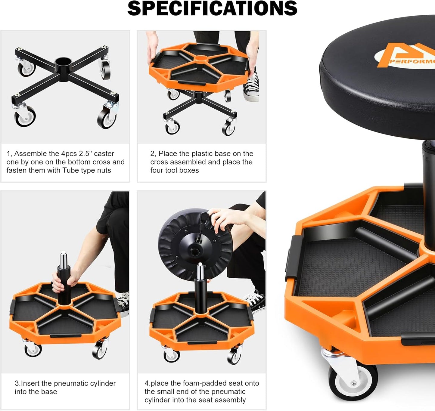 PM PERFORMOTOR Adjustable Height Pneumatic Garage Seat Rolling Mechanic Stool with Tool Tray Storage,300lbs Max Weight Capacity, Orange,PM-TOL-ATS-OG