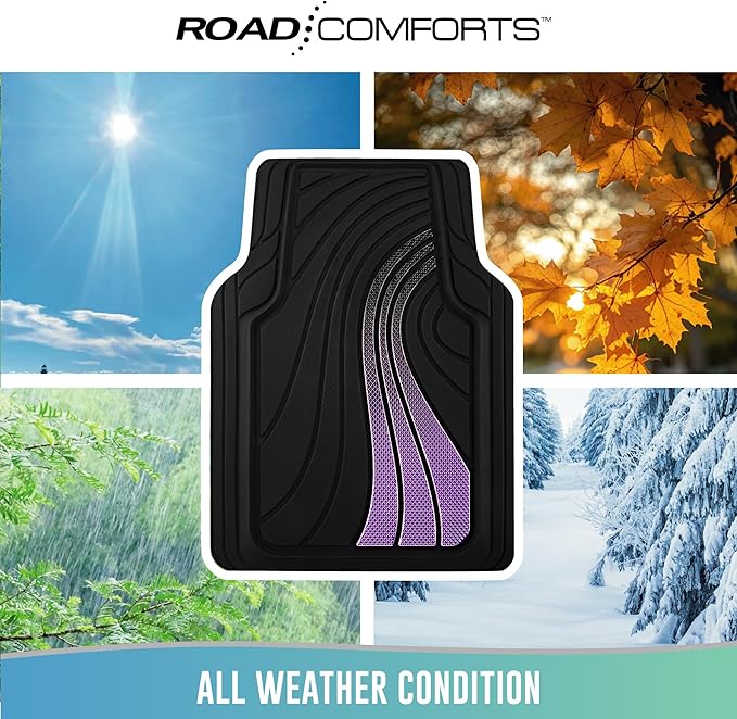Road Comforts Car Floor Mats Full Set – Front & Rear Car Floor Mats with Aluminum Design, Anti-Slip Backing, All-Weather Protection, Trim-to-Fit Car Mats for Most Sedans, SUVs & Vans - Purple