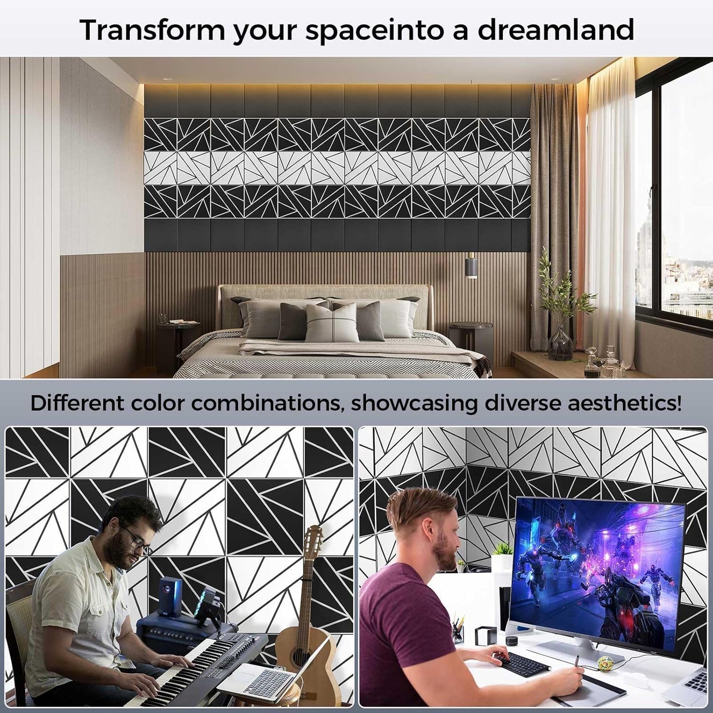 12 Pack 2-Layer Soundproof Wall Panels, 12 x 12 x 0.43 in Sound Proof FoamPanels for Walls, 0.9lb/ft* High Density, Thicker 0.43 in, 3D AcousticPanels,Artistic Noise Dampening Panels Black&White