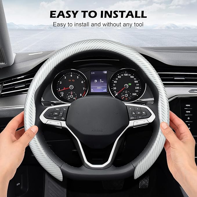 frani Leather Steering Wheel Cover, Universal 15 Inch Premium Non-Slip Steering Wheel Cover White Carbon Fiber Texture