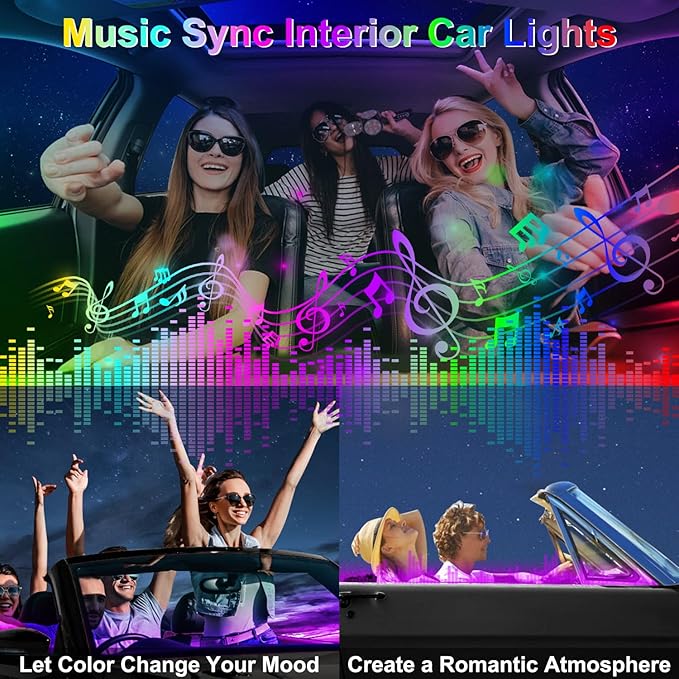 Dreamcolor Acrylic Interior Car LED Strip Lights, 10 in 1 Ambient Lighting Kit with Wireless APP, Dynamic Chasing Music Sync Fiber Optic Lights with DIY Mode, Car Inside Lighting Accessories