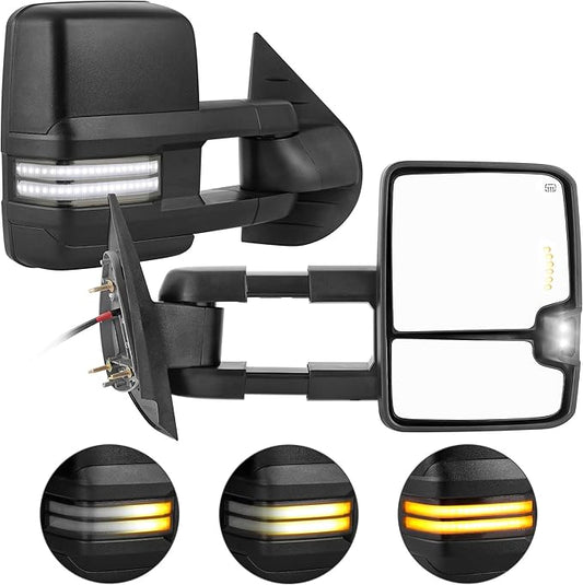 AUTOSAVER88 Towing Mirror Compatible with 2007-2014 Silverado Sierra 1500 2500 3500 HD/Avalanche/Suburban, Power Heated Switchback LED Turn Signal Light (Black inside) Manual Telescoping Folding