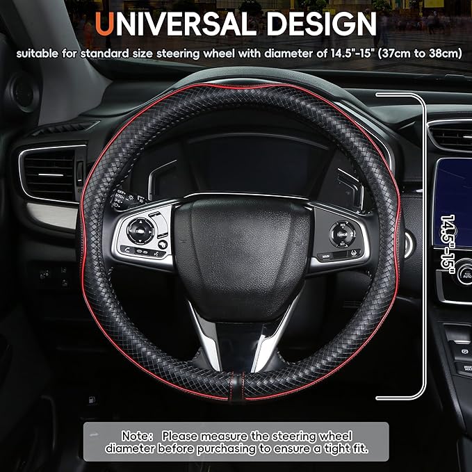 Car Steering Wheel Cover，Anti-Slip, Safety, Soft, Sports Style, Leather Steering Wheel Cover for Men Women, Adaptable to 14.5-15 inches Steering Wheel (Black with Red line)