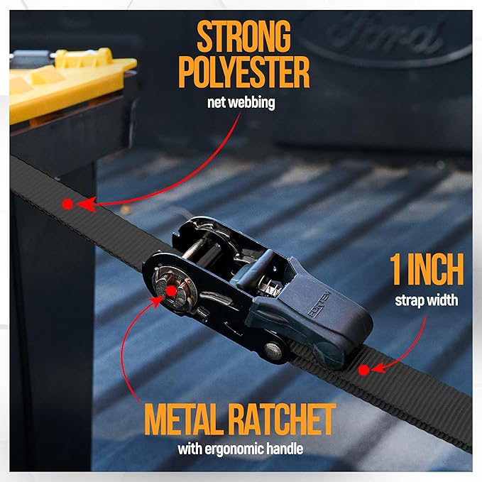 FORTEM Ratchet Straps, Tie Down Strap Set 2300lb Break Strength, 4 Pack 15ft x 1in, 4 Soft Loops, Moving Straps Tie Downs, Cargo Cam Buckles for Trucks, Carry Bag, for Men