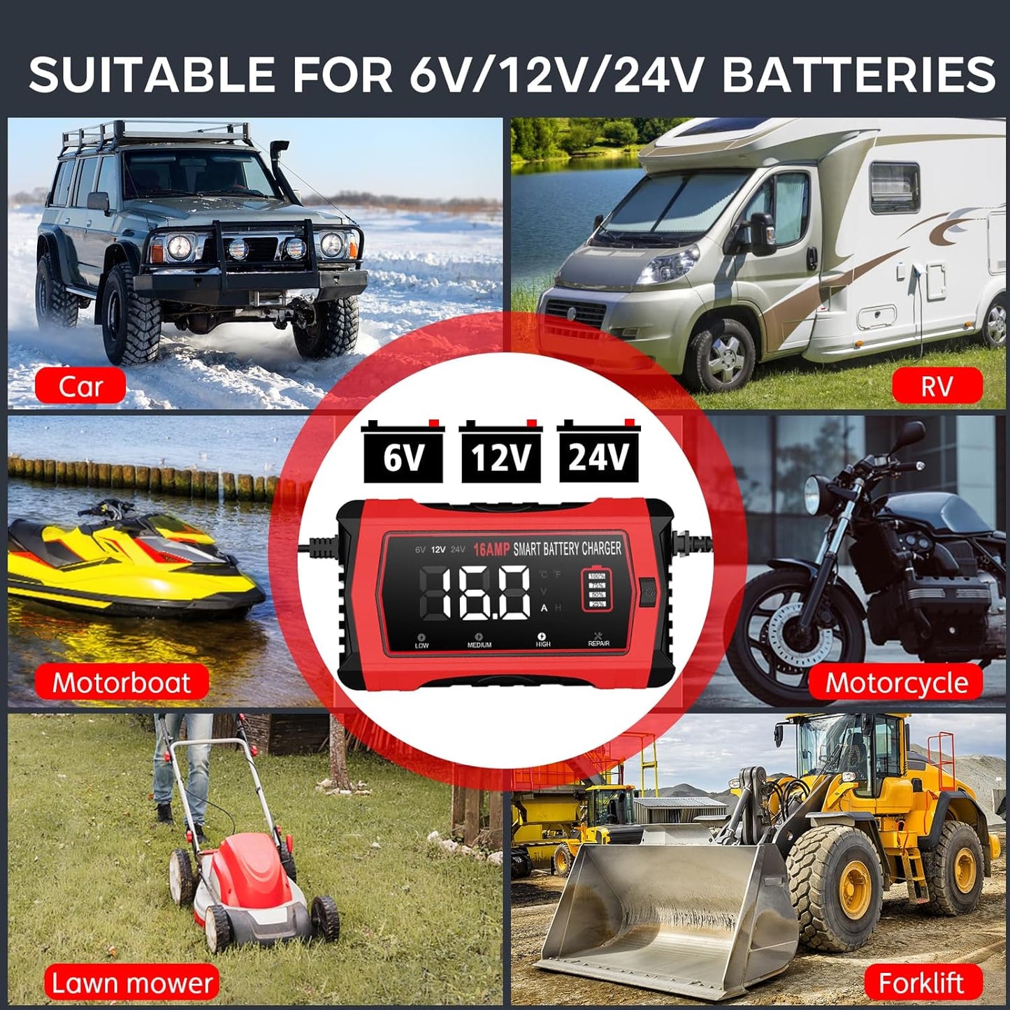 16-Amp 24V/12V/6V Portable Car Battery Charger,Smart LiFePO4 Lithium Lead-Acid Battery Charger,Trickle Charger,Maintainer w/Temperature Compensation for Motorcycles Boats ATVs Lawn Mowers