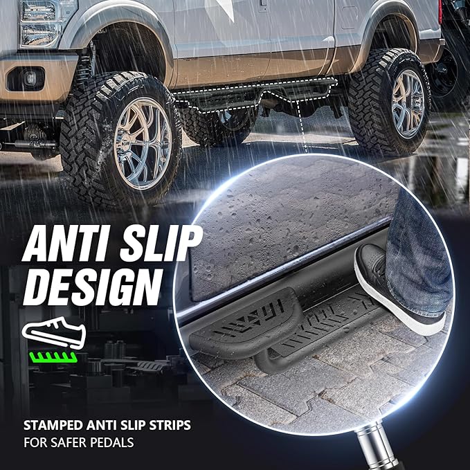 Three Raised Steps SuperCab Running Boards Compatible with 1999-2016 Ford F250 F350 Super/Extended Cab (2 Full Front & 2 Narrower Rear Doors) Side Steps, Nerf Bar Rock Slider Side Rails