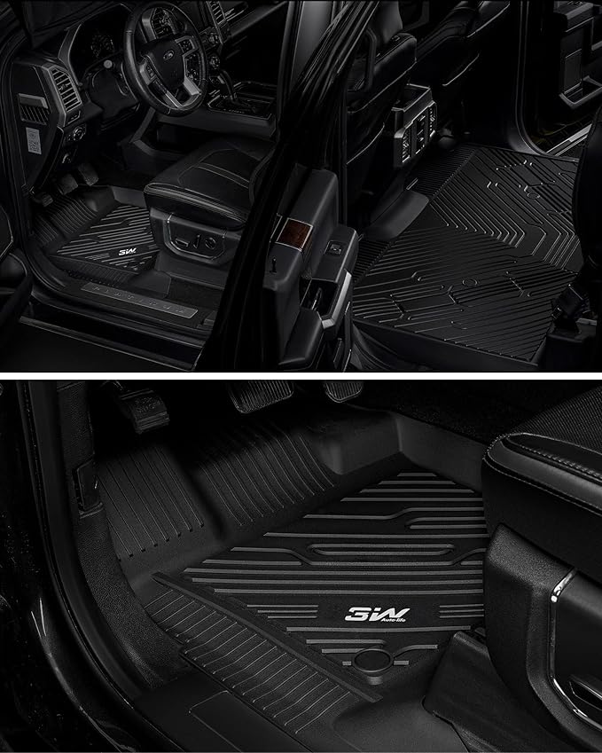 3W Floor Mats for Ford F-150 2015-2025 & F150 Lightning 2022-2025 SuperCrew (w/o Fold Flat Storage), TPE All Weather Custom Fit, Front & Rear 3PCS | Heavy Duty, Easy Clean - Black