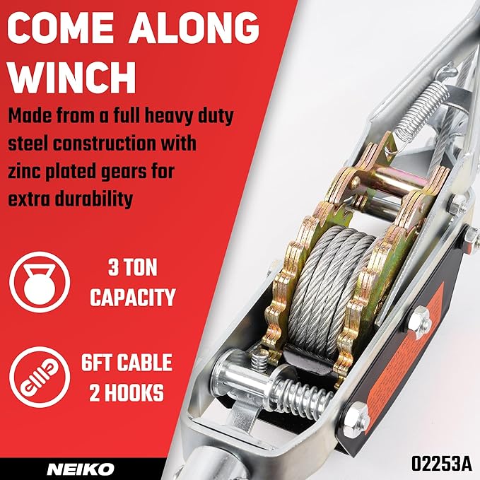 NEIKO 02253A Come Along Winch, 3-Ton (6,000 Lbs) Pulling Capacity, 9.8Ft, 2 Hook, Heavy Duty Power Cable Come Along Tool with Dual Gears, Hand Winch Cable, Automotive Hoist Winch Puller, Recovery Gear
