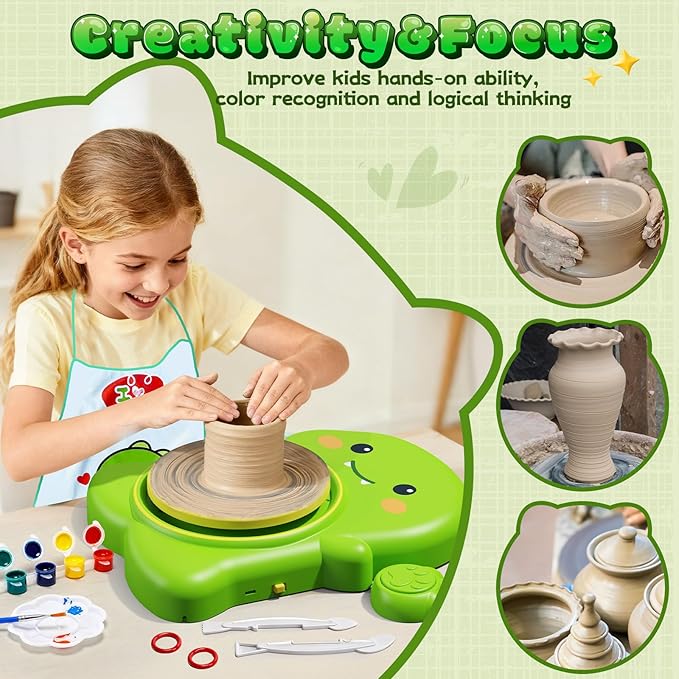 Skirfy Mini Pottery Wheel Kit for Beginners Kids,Electric Ceramic Wheel with Foot Pedal&Painting Kit, Adjustable Speed,Clay Spinner DIY Tools for Art Craft Birthday (Green Dinosaur)