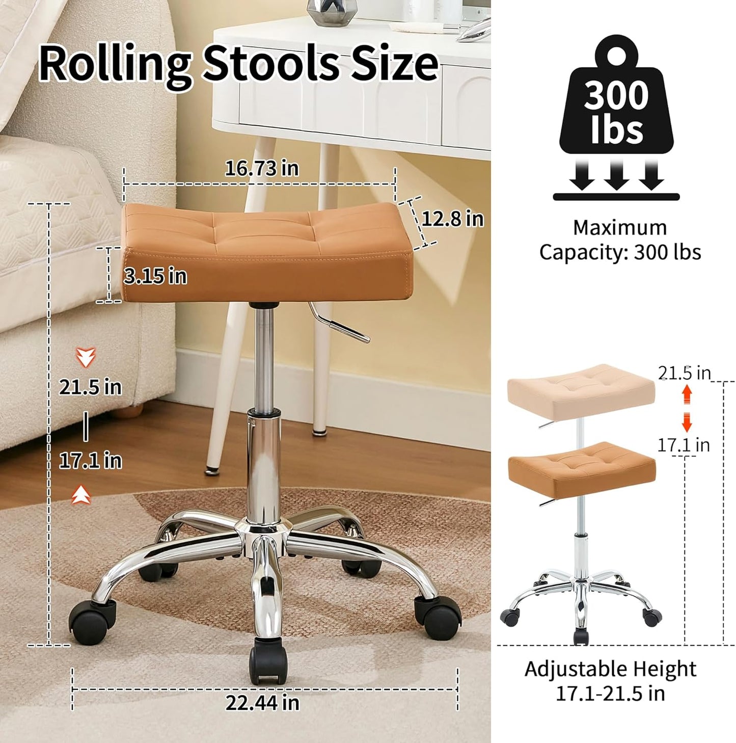 Rolling Stool Adjustable Height (300lbs Capacity) (Sturdy Base) Multifunctional Nail Tattoo Vanity Massage Stool (Camel Brown)
