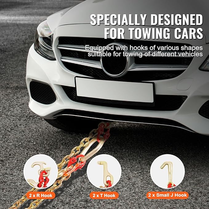 VEVOR G80 V Bridle Chain, 5/16" x 3' Towing Chain Bridle with R Hooks, T Hooks, J Hooks and Grab Hooks, Transport Tow Chain Bridle with 10800 lbs Safe Working Load for Flatbed Truck Wrecker Recovery