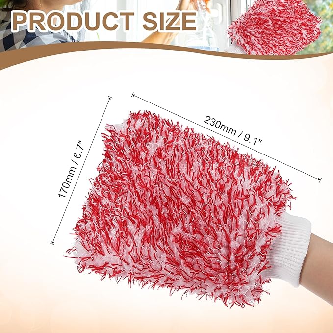 HARFINGTON 4pcs Chenille Microfiber Car Wash Mitts 9.1" x 6.7" Scratch Free Wash Gloves Absorbent Double Sided Plush Cleaning Drying Mitts for Car Washing Home, Red