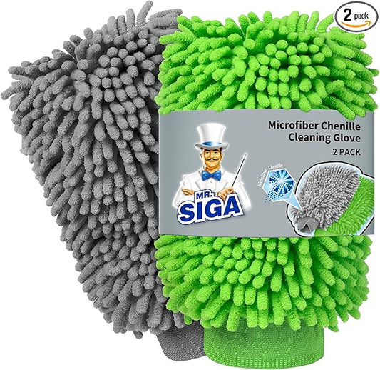 MR.SIGA Premium Microfiber Soft Chenille Car Wash Mitt, Pack of 2, Gray & Green