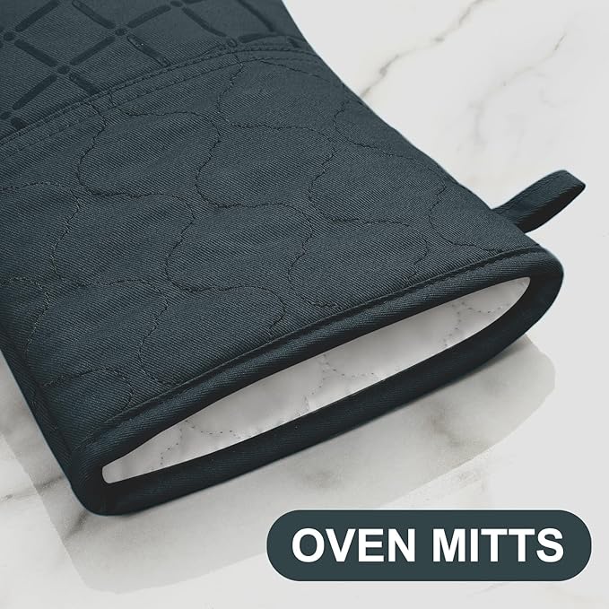 Oven Mitts Pot Holders Sets/Kitchen Towels and Dishcloths,Oven Gloves Kitchen Dish Towels 500 Degree Heat Resistant Potholders with Non-Slip Silicone Surface for Cooking,Grilling,Baking-Deep Green