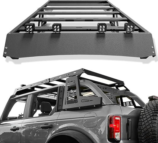 for Bronco Top Roof Rack Cargo Basket with LED Lights & Rear Window Panel Compatible with 2021-2025 Ford Bronco 4-Door Soft Top - Requires Hardtop Removal - Cargo Carrier Rooftop Luggage Holder