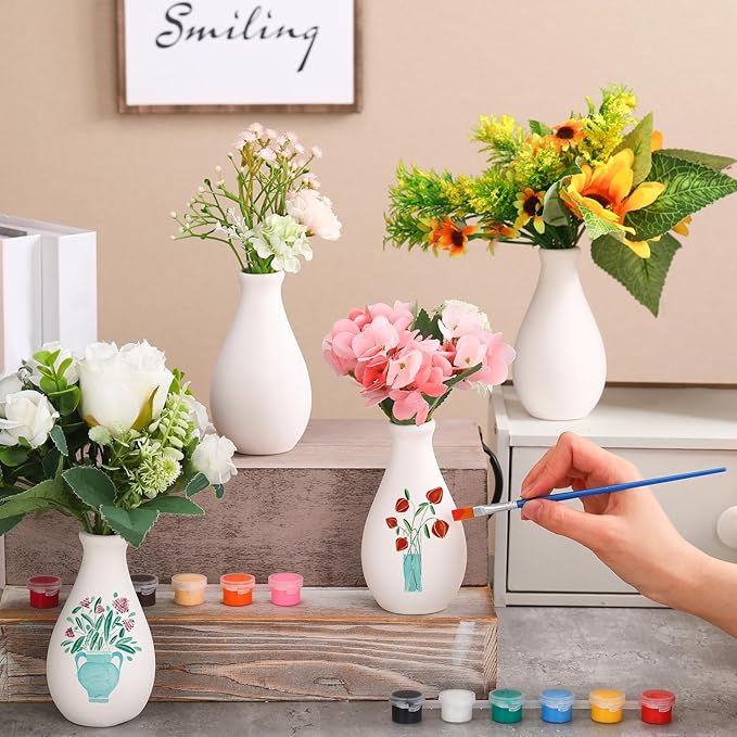 Singhoow 4 Set Paint Your Own Porcelain Paint Vase Art Project White Ceramic Painting Kit for Adults Porcelain Vase Decorating Kit with Christmas Holiday Supplies DIY(Stylish)