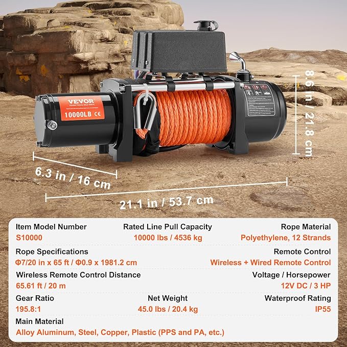 VEVOR Electric Winch, 10,000 lb Truck Trailer Jeep Winch, 12V DC 7/20 in x 65 ft Synthetic Rope Aluminum Fairlead Wireless & Wired Remote Control, IP55 Waterproof Towing for Off Road Jeep SUV Boat