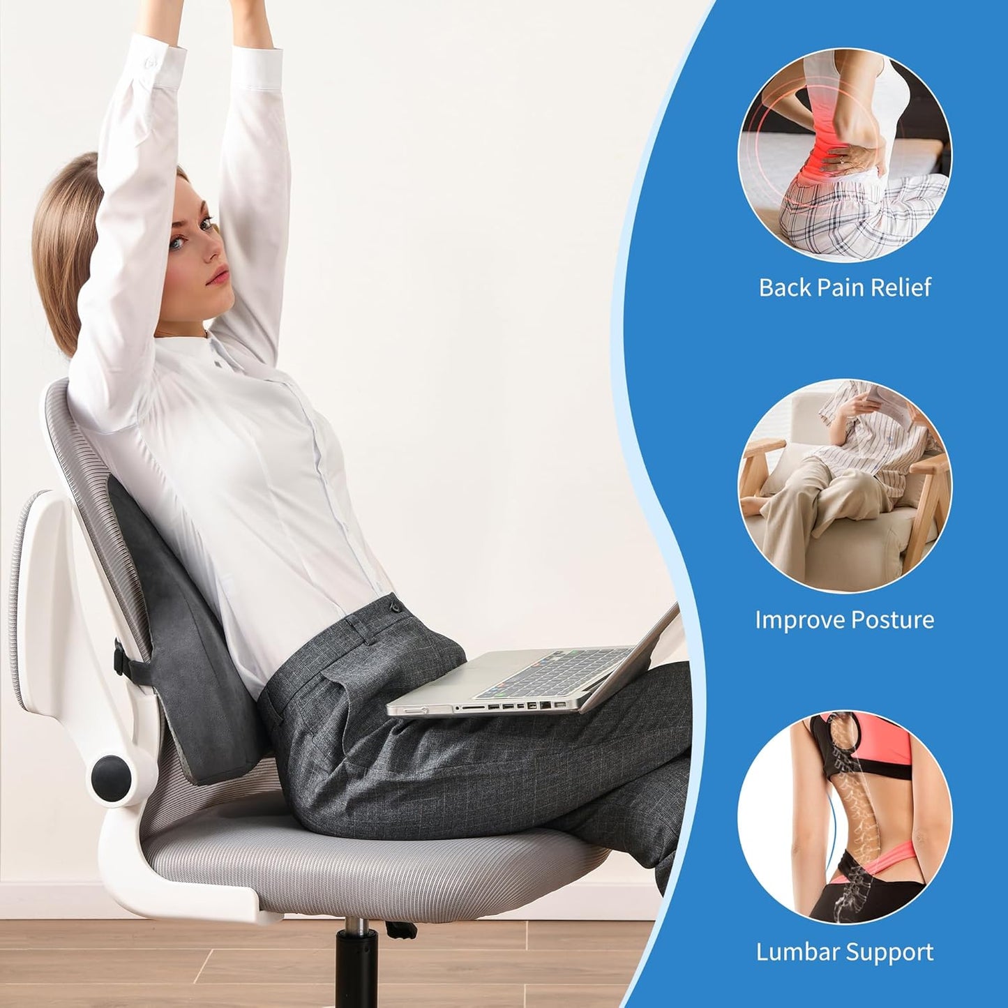 Lumbar Support Pillow for Office Chair and Car Seat - Memory Foam Back Cushion Improve Sitting Posture & Back Pain Relief, Lumbar Support Cushion with Adjustable Strap & Non-Slip