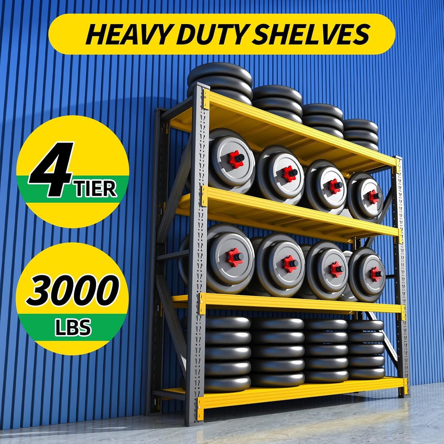 3000LBS Heavy Duty Storage Shelves,78''H Metal Garage Shelving, 4-Tier Adjustable Garage Organization Shelving Units, Industrial Shelving for Warehouse,Workshop- Black & Yellow