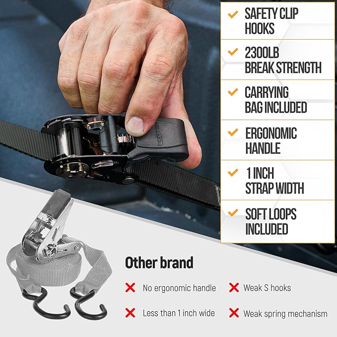 FORTEM Ratchet Straps, Tie Down Strap Set 2300lb Break Strength, 4 Pack 15ft x 1in, 4 Soft Loops, Moving Straps Tie Downs, Cargo Cam Buckles for Trucks, Carry Bag, for Men