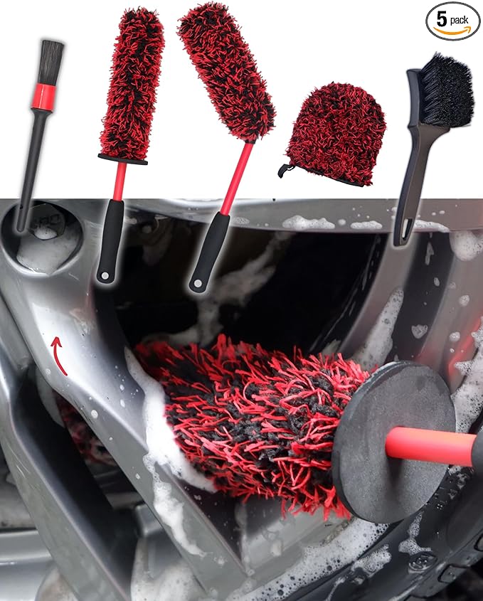 Metal Free Microfiber Wheel Brush Kit- Microfiber Angled Wheel Brush, Long Handle Wheel Brush, Tire& Detailing Brush, Wheel Wash Mitt. Hands-On Wheel Detailing Kit for Daily Wheel Cleaning