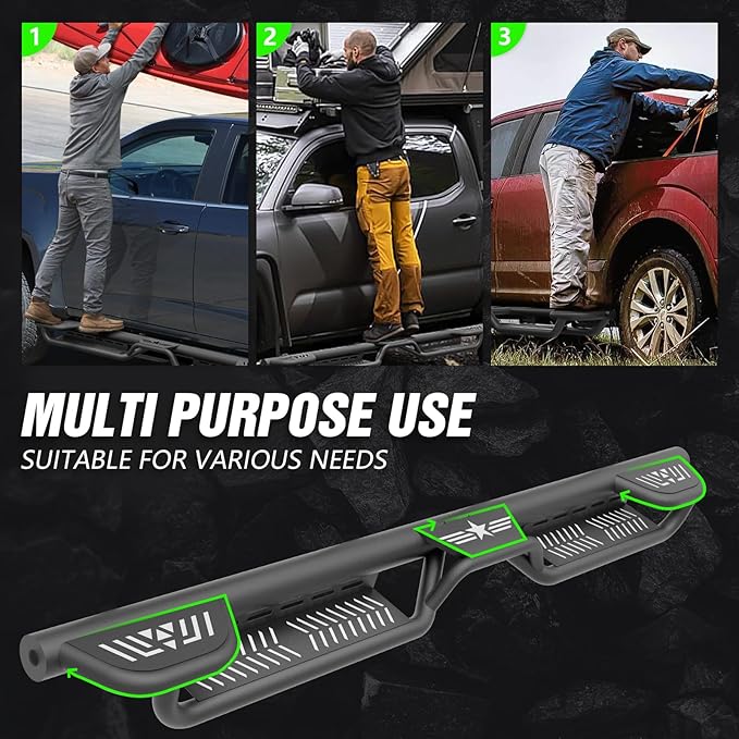 Crew Cab Three Raised Steps Running Boards Side Steps Compatible with 2019-2025 Dodge Ram 1500 Crew Cab New Body Design, Bolt-on Nerf Bar Step Bars, Heavy-Duty Steel Two Stairs Design (Black)