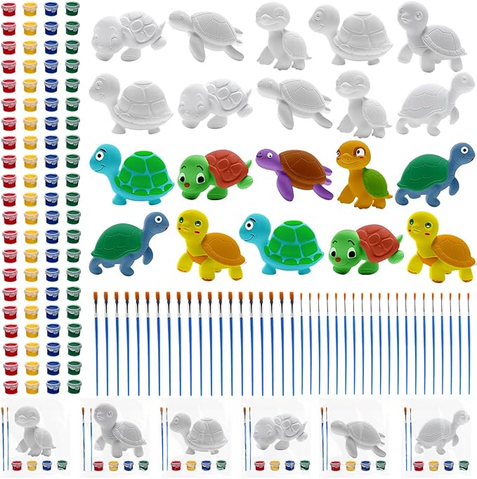 Foilswirl 24 Set Turtle DIY Painting Kit Ceramic to Paint Your Own Turtle Statues Unpainted Plaster Figurines with Brushes Acrylic Bags Arts and Crafts Kits Party Favor for Adults