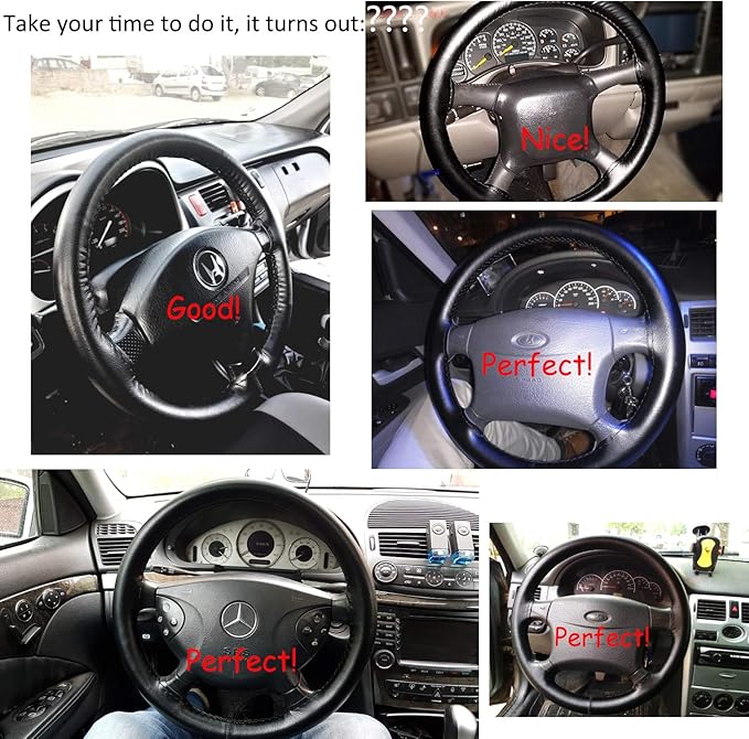 Top Genuine Leather Steering Wheel Cover Universal 15 Inch with Anti-Slip Design and Soft Padding,Steering Wheel Stitch on Wrap
