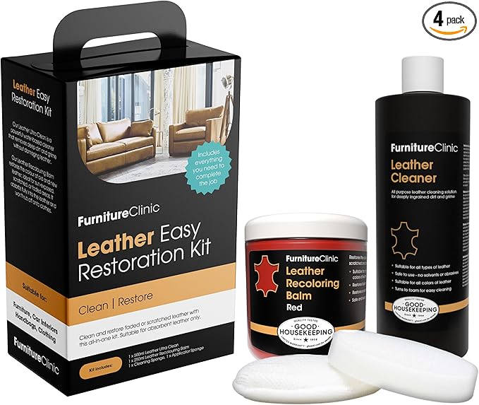 Furniture Clinic Leather Easy Restoration Kit | with Leather Recoloring Balm, Cleaner, Sponge, and Cloth | Leather Repair Kit for Scratched and Faded Furniture (Red)