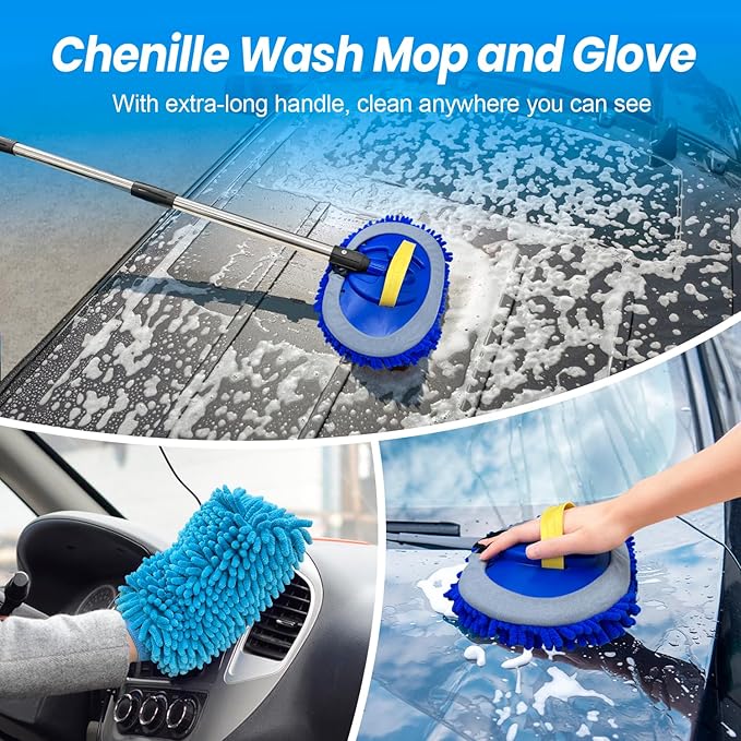 65'' Car Wash Brush with Long Handle, Scratch-Free Car Cleaning Kit with Soft Wash Brush, Tire Brush, Window Squeegee, Car Wash Mitt, Microfiber Cleaning Head & Extension Pole
