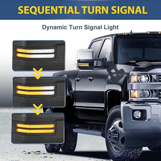 Chrome Towing Mirrors Compatible for 2014-2018 Chevy Silverado GMC Sierra 1500/2015-2018 Silverado Sierra 2500HD 3500HD Pickup w/Sequential Turn Signal White DRL Side View Mirror