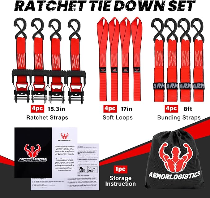 Ratchet Straps Heavy Duty (4 Pack) - 5,250 Break Strength Motorcycle Strap Tie Downs with 15ft Soft Loops -1.5in x 8ft Ratchet Tie Down Straps for Motorcycles, Truck, Cargo -Safety S Hook, Storage Bag
