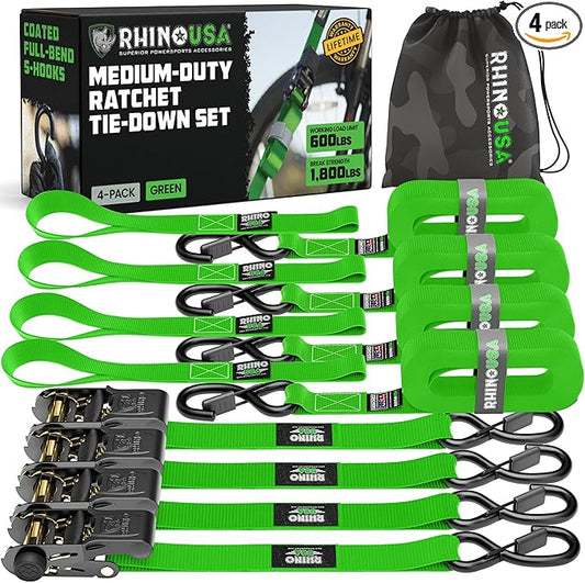 Rhino USA Ratchet Straps Tie Downs (4-Pack) - 1 Inch x 15 Feet (1,823lb Break Strength) - Ultimate Tie Down Straps with Safety S Hooks - for Trucks, Cargo, Moving, Appliances - Green