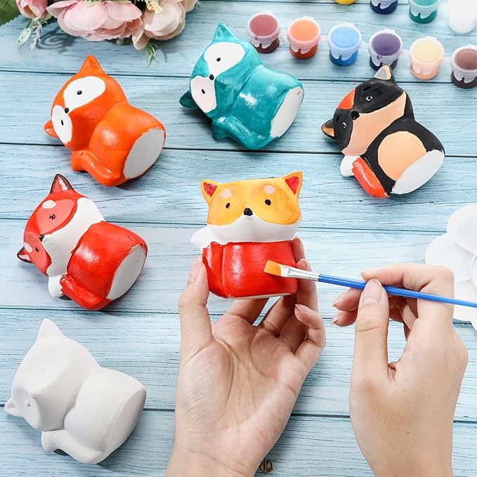 Pasimy 6 Set DIY Ceramic Succulent Planter Pots Paint Your Own Flower Pots Craft Kit Unpainted Bisque Paintable Flowerpot with Brush Palette Ready to Paint for Family Activity Gift(Fox)