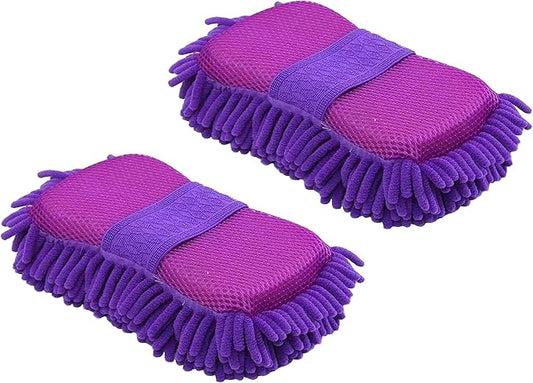 Microfiber Car Wash Sponge-Non-Scratch Wash Mitt-Two Sided Chenille Microfiber Washing Sponge-Mitt for Cars, Trucks, SUVs, Boats (2 Pack Purple)