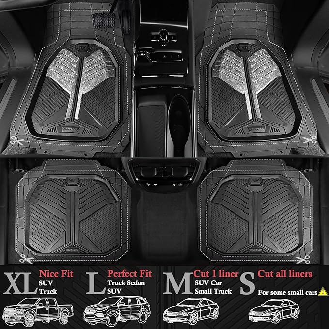 CAR PASS Heavy Duty Rubber Car Mats, Deep Dish Car Floor Mats All Weather Car Mats Full Set 4-Piece Trim to Fit for Sedan SUV Truck Sports Waterproof Anti-Slip Automotive Mats Black and Silver Glitter
