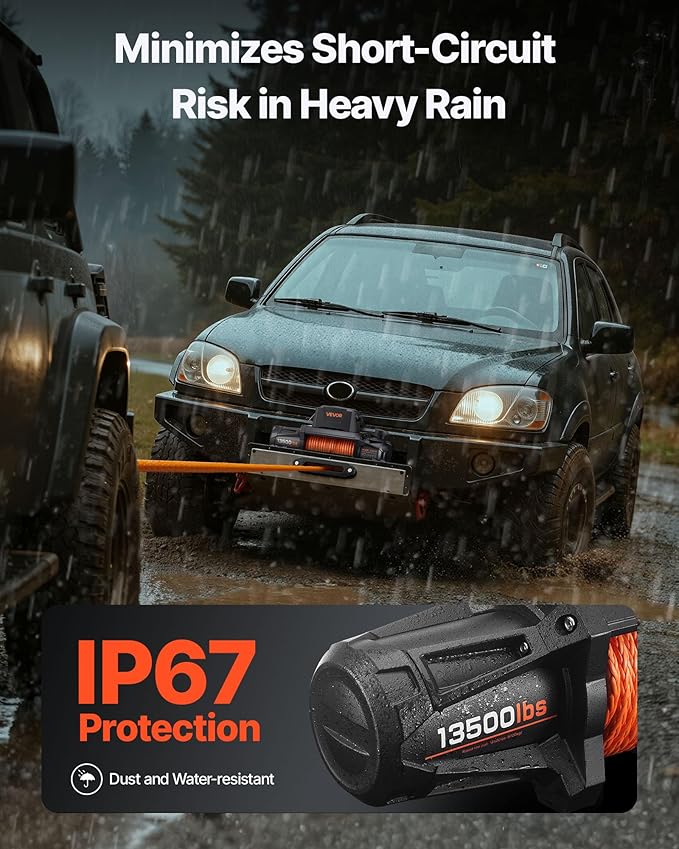 VEVOR Electric Winch, 13500 lbs Load Capacity, 12V DC Truck Winch with Φ3/8 in x 92 ft Synthetic Rope, Wireless & Wired Remote Control, IP67 Waterproof for Towing Off-Road SUV Jeep Trailer Boat