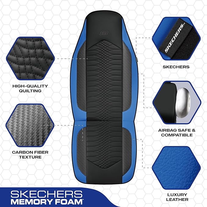 Skechers Memory Foam Car Seat Covers, Leather High Back Seat Covers Quilting Design,Waterproof Sports Car Seat Covers Front Seats,Airbag Compatible, Universal Fit for Most Cars, SUVs,Trucks,Blue