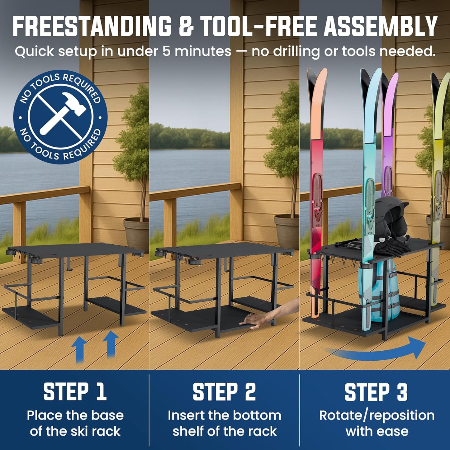 Water Ski Storage Rack – Garage Ski Rack Freestanding Organizer for Waterskis, Wakeboards, Paddleboards & Surfboards – Summer Water Sports Gear Holder for Indoor/Outdoor Use – 29x19x6 Inches