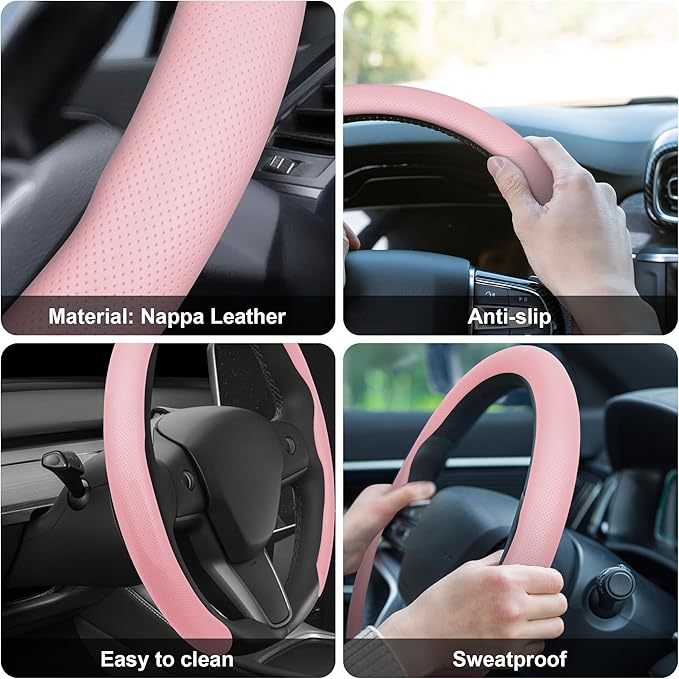 frani Nappa Leather Steering Wheel Cover, Universal 15 Inch Premium Non-Slip Steering Wheel Cover Pink