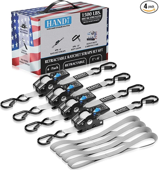 HandT USA Based Retractable Ratchet Straps (4PK) 1in x 6ft - 1,500lb Break Strength, Heavy Duty Automatic Ratchet Straps Self Retractable Tie Down, Push Button Retracting Truck Trailer Cargo | Gray