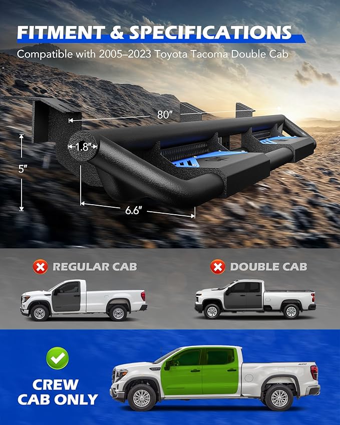 Running Boards Compatible with Toyota Tacoma Double Cab 2005-2023, 6.6" Side Steps with Paintable Step Plates, Heavy Duty Nerf Bar with Triple-Shield Anti-Corrosion Technology, Single Stair