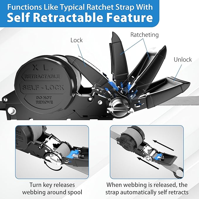 USA Based Retractable Ratchet Straps (2PK) 1in x 16ft - 1,500lb Break Strength, Heavy Duty Automatic Ratchet Straps Self Retractable Tie Down, Push Button Retracting Truck Trailer Cargo | Gray