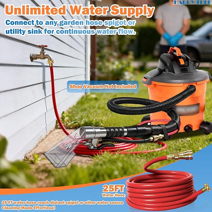 Happy Tree Universal Fit All Brands' Shop Vac Extractor Hose Kit Adapter Wet-dry Extraction Accessory for Upholstery & Carpet Cleaning Auto Detailing Wet Vaccum Accessories with 25 Feet Water Hose