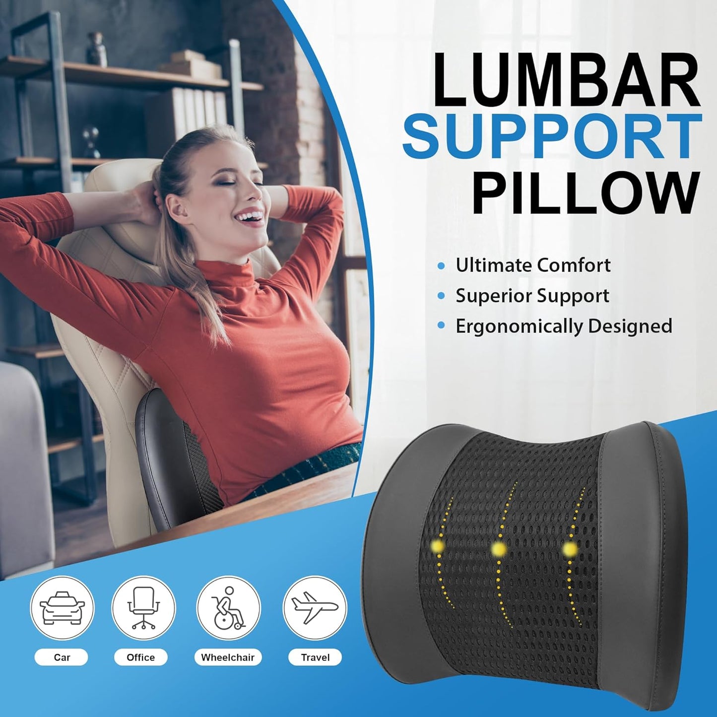 Memory Foam Lumbar Support Cushion Relieves Lower Back Pain Car Seat Office Chair and Wheelchair Back Pillow with Breathable 4D Mesh Black