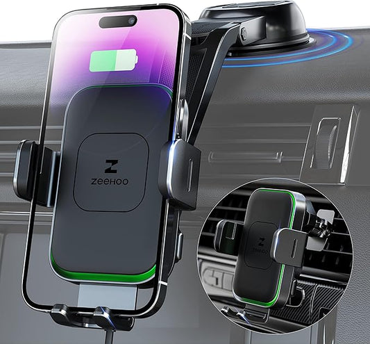 ZEEHOO Wireless Car Charger, DUOXX Dual Coils 15W Fast Charging Auto-Clamping Car Mount, Dashboard, Vent Charging Phone Holder for iPhone 17 16 15 14 13 12, S23 Ultra, Z Flip4 3, etc