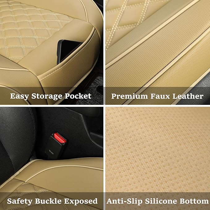 2 Pack Leather Front Car Seat Covers,Bottom Seat Covers for Cars,Driver Car Seat Cushion Cover,Luxury Seat Protectors,Waterproof,Full Wrap,for Most Vehicles,Sedan,Truck,SUV(Beige)