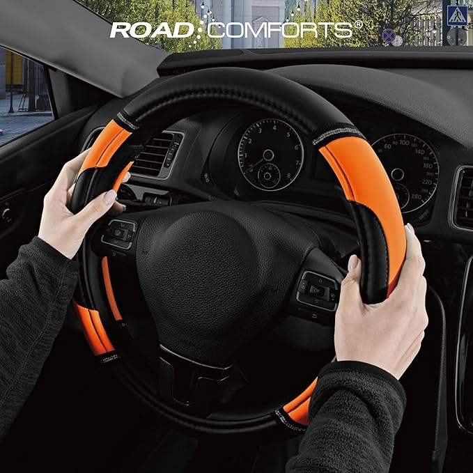 Road Comforts Leather Steering Wheel Cover - Made with PVC Leather - Anti-Slip, Universal Fit 14 1/2 inches to 15 inches - Orange