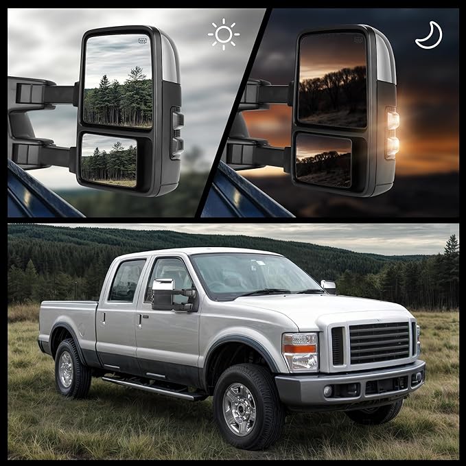 DWVO Towing Mirrors Compatible with 99-07 Ford F250 F350 F450 F550 Super Duty, LED Turn Signal Power Heated Telescoping Trailer Tow Mirror A Pair, Chrome